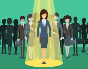 Businesswoman in spotlight. Picking the right candidate professional concept background. Leadership standing boss, executive profession, vector illustration